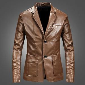 Veste en PU décontractée pour hommes, manteau de motard de couleur unie avec tissu en toile de grande taille pour motards - Product Image 1