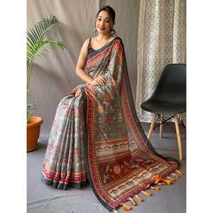 Elegante Sari de Algodón Gris con Estampado Kalamkari y Blusa para Festivales y Fiestas - Product Image 3