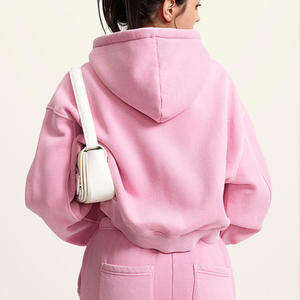 Hoodie Custom Logo <b>Fleece</b> Thick <b>Thermal</b> Crop Tops Double Zipper Solid Winter 100% Cotton Streetwear Breathable Plain Dyed - Product Image 2