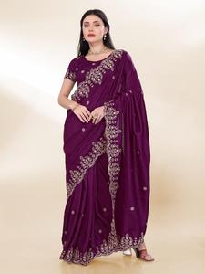 Indian Export Quality Amazing Color Chinon Silk Saree With <b>Sequins</b> Embroidery Work With Cut Work Wholesaler From India for Sale - Product Image 2