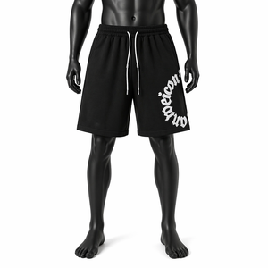Pantalones Cortos Deportivos Negros Personalizados para Hombre, OEM ODM, Algodón y Felpa, con Logotipo Impreso, Cintura Elástica, Corte Holgado, Casuales, para Gimnasio - Product Image 1