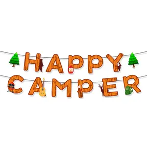Banner de papel para acampamento, decoração de festa, bandeira de campista feliz, banner para crianças, material de festa de aniversário