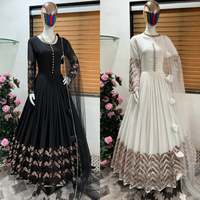Gaun pesta panjang model flare berbahan georgette premium India dengan bordir berat dan dupatta untuk wanita, cocok untuk pernikahan, sudah jadi jahitan.