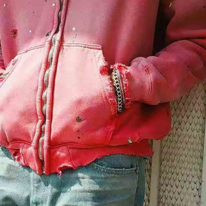ผู้ผลิตเสื้อฮู้ดดี้ผู้ชายแบบสั่งทำ สตรีทแวร์ ทรงโอเวอร์ไซส์ ล้างสีแบบวินเทจ แต่งขาดๆ ซิปหน้า ประดับคริสตัล สำหรับผู้ชาย - Product Image 4