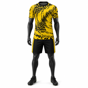 Ensemble de maillot de football pour homme, jaune et noir, à motifs géométriques, sublimé, manches courtes, col rond, respirant, coupe athlétique, 100% polyester - Product Image 1