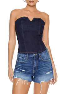 2025 <b>Top</b> Selling Premium Quality Casual Women's Denim Tube <b>Top</b> Solid Crop <b>Top</b> <b>Rhinestone</b> Low MOQ Customized women's shirt - Product Image 5