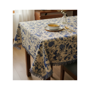 New Rustic Cream Red Floral Cotton <b>Tablecloth</b> 140X240Cm 220 GSM With Tassels For Hotels And Bulk Orders And Decors And Spas - Product Image 2