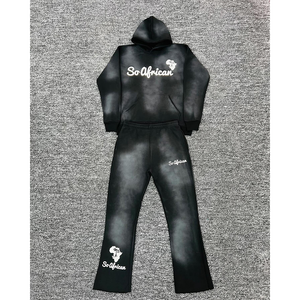 Chándal de felpa francesa de peso pesado para hombre, chándal con estampado de hojaldre, Sudadera con capucha y logotipo personalizado, conjunto de pantalones de chándal apilados acampanados, 100% algodón para hombre - Product Image 6