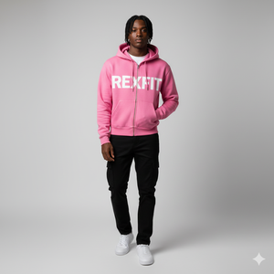Sweat à capuche Rexfit Sports rose imprimé avec fermeture éclair pour hommes et femmes, impression personnalisée sur la poitrine, molleton premium, streetwear, vente en gros - Product Image 1