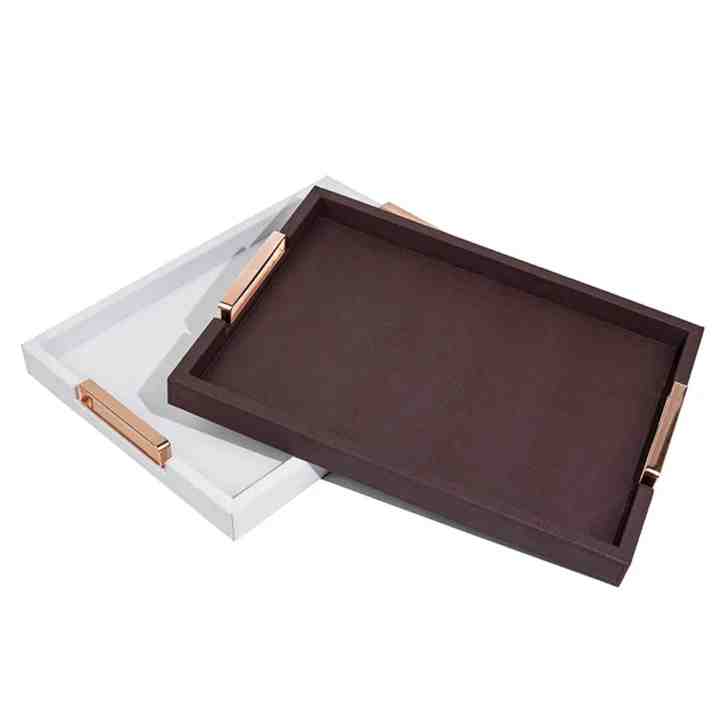 Wholesale Handmade Rectangular Bamboo Serving Tray Luxury With Metal Handles and Lather Finished Wood Breakfast Tray for Food