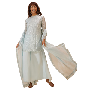 Ensemble de costume palazzo bleu poudre en paillettes vente en gros de vêtements ethniques OEM pour femmes fournisseur d'usine tenue de fête de mariage personnalisée - Product Image 2