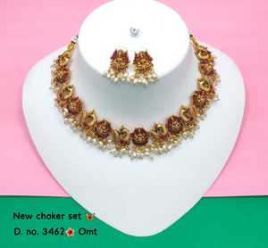 Cobre tradicional Laxmi y diseño de pavo real antiguo collar de boda Simple joyería chapada en oro pesado con juego de pendientes para mujer - Product Image 2