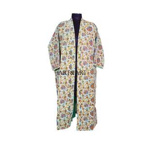 Hand-Stitched Elegant White 100% Cotton Kimono Bath Robe Multi Kantha Quilted Cut Work <b>Cardigan</b> for Summer Spring Home Nightwear - Product Image 2