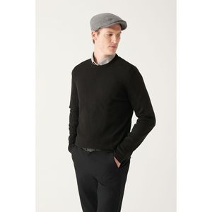 Maglione di maglieria da uomo nero girocollo a spina di pesce fantasia in forma regolare A22y5071