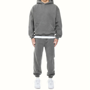 Survêtement surdimensionné vintage en molleton de coton 100% de haute qualité unisexe, streetwear à capuche uni pour hommes - Product Image 1