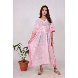 Women's Eco-Friendly 100% Cotton Kaftan Maxi Natural Floral Block Print Lightweight for Summer Beach <b>Cover</b> Everyday Travel-Boho - Product Image 1