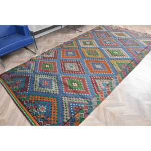 พรมวินเทจขนาดใหญ่ 5.3x10.6 ฟุต พรมตุรกี พรมขนสัตว์ลายสัตว์สีน้ำเงินส้ม - Product Image 4