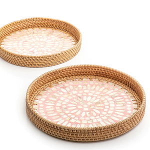 Ensemble de 2 plateaux de service à dessert en nacre et rotin de différentes tailles, faits à la main par un designer de forme ronde, meilleurs prix - Product Image 5