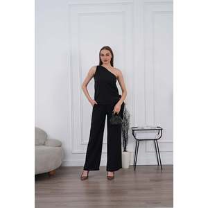 Ensemble deux pièces Mybeefashion pour femme en mélange de coton modal noir, avec chemisier à manches longues et pantalon à taille élastique, pour un look décontracté - Product Image 1