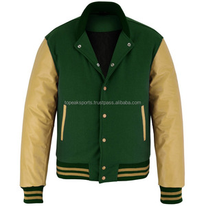 Chaqueta Varsity de Lana Verde con Mangas de Cuero Dorado, Tendencia 2026, OEM, para Hombre, Alta Calidad, MOQ Bajo, Chaquetas de Invierno Calefactables - Product Image 4
