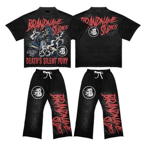 Pantalon de survêtement unisexe lavé à l'acide Patch personnalisé brodé Rhinestone Baggy Fit 100% Cotton Terry Men's Ripped Style ODM Supply - Product Image 1