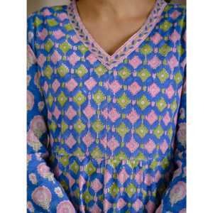 Vestido Anarkali Azul Estampado a Mano en Algodón, Ropa Americana - Product Image 2