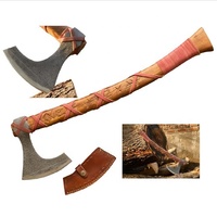 Kustom buatan tangan baja karbon Viking kapak dengan pegangan kayu dan selubung kulit halus buatan tangan sumbu berkemah kapak daging