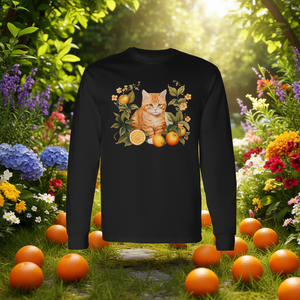 T-shirt promozionale a maniche lunghe per amanti dei gatti tabby arancioni con fiori - Product Image 3