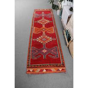 Vintage Turkish <b>Runner</b> Rug 3x10.4 ft (91x318 cm), <b>Red</b> Ombr Herki Rug - Product Image 1