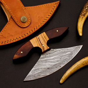 Personalized Heavy Duty Damascus <b>Slicing</b> Chef Knife with Koa <b>Wood</b> Handle and Leather Sheath Kitchen Ulu Knife Gift for Him/Her - Product Image 3