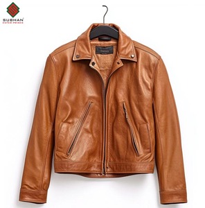 Blouson aviateur en cuir synthétique marron clair décontracté d'hiver fait à la main avec fermeture éclair col mandarin motif uni - Product Image 1