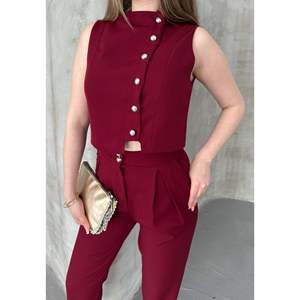 Conjunto de Dos Piezas Mybeefashion para Mujer, Chaleco y Pantalones Casuales Color Borgoña, Top Sin Mangas de Mezcla de Algodón y Pantalones Largos - Product Image 3