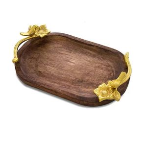 Plateau moderne en bois doré avec poignée en métal fantaisie, plateau de service décoratif unique fait main - Product Image 1
