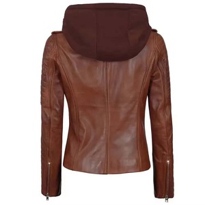 Women's Brown Genuine Leather Hooded <b>Biker</b> <b>Jacket</b> With Zipper Closure Full Sleeve Motorcycle Style Autumn Wear - Product Image 2