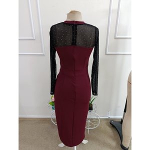 Robe midi en crêpe à manches longues et col rond pour femme avec détails en tulle et pierres, 37340 - Bourgogne - Product Image 6