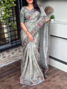 Nouveau 2024 dernière tenue à feuilles persistantes mousseline soie Saree Blouse avec impression numérique et point de croix Multi fil travail femme mode - Product Image 6