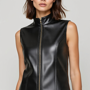 Chaleco con cuello levantado y cremallera completa de cuero genuino relleno de algodón y lana para Mujer | Ropa al aire libre ecológica a prueba de viento - Product Image 3