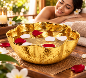 NJ Handmade Gold Hammered Copper Pedicure Bowl Round <b>Foot</b> <b>Bath</b> Basin with Base for Spa Home Use - Product Image 3
