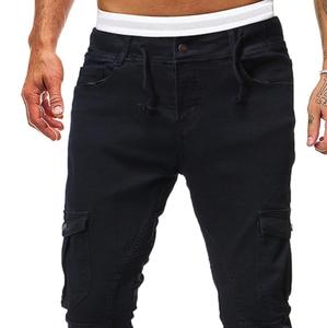 กางเกงยีนส์เอวยางยืดสำหรับผู้ชาย, กางเกงยีนส์แบบเชือกรูดเอวยางยืดสีพื้นสามารถปรับได้ระบายอากาศได้ดี - Product Image 4