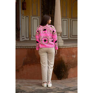 Handmade Embroidery <b>Reversible</b> <b>Jacket</b> for Ladies Satin Leather Outerwear Linen Lining Quilted Boho for Autumn Spring Winter - Product Image 2