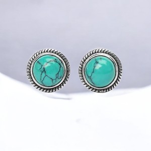 925 Sterling <b>Silver</b> Round 8 MM Turquoise Gemstone <b>Studs</b> Earrings For Bulk - Unisex <b>Silver</b> <b>Studs</b> Earrings - Product Image 4