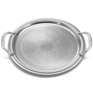 Luxury Round Silver Plated Serving <b>Tray</b> With Handles Metal <b>Drinks</b> Platter Vintage Home Decor Centerpiece For Parties And Wedding - Product Image 1