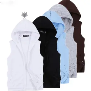 2024 Summer Hooded Sleeveless Jacket Men Large Size S-5XL Black Blue White Gray Zipper Control Mens Casual Slim Fit Hoodie