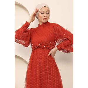 อาบายะลายจุดเก๋ไก๋สีแดงอิฐ แต่งดีเทลผ้าทูลที่เอว ความยาวแบบแม็กซี่-MSW12238-4 - Product Image 2