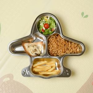 Assiettes à dîner pour enfants en acier inoxydable incassables en forme d'avion mignon avec 4 sections non toxiques et écologiques pour une utilisation en camping - Product Image 1