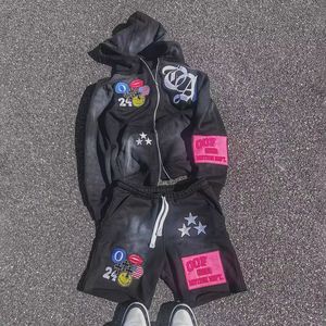 Custom <b>Men's</b> Streetwear <b>Zip</b>-Up Hoodie <b>Shorts</b> Set Fleece Sweatsuit Embroidery Patch Sun Faded Acid Washed Pattern Pockets - Product Image 2