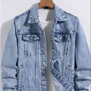 แจ็คเก็ตยีนส์วินเทจของผู้ชายเสื้อนอกลำลองทรงหลวมดีไซน์ปกคอเสื้อกระดุมแถวเดียวมีกระเป๋าอเนกประสงค์ - Product Image 1