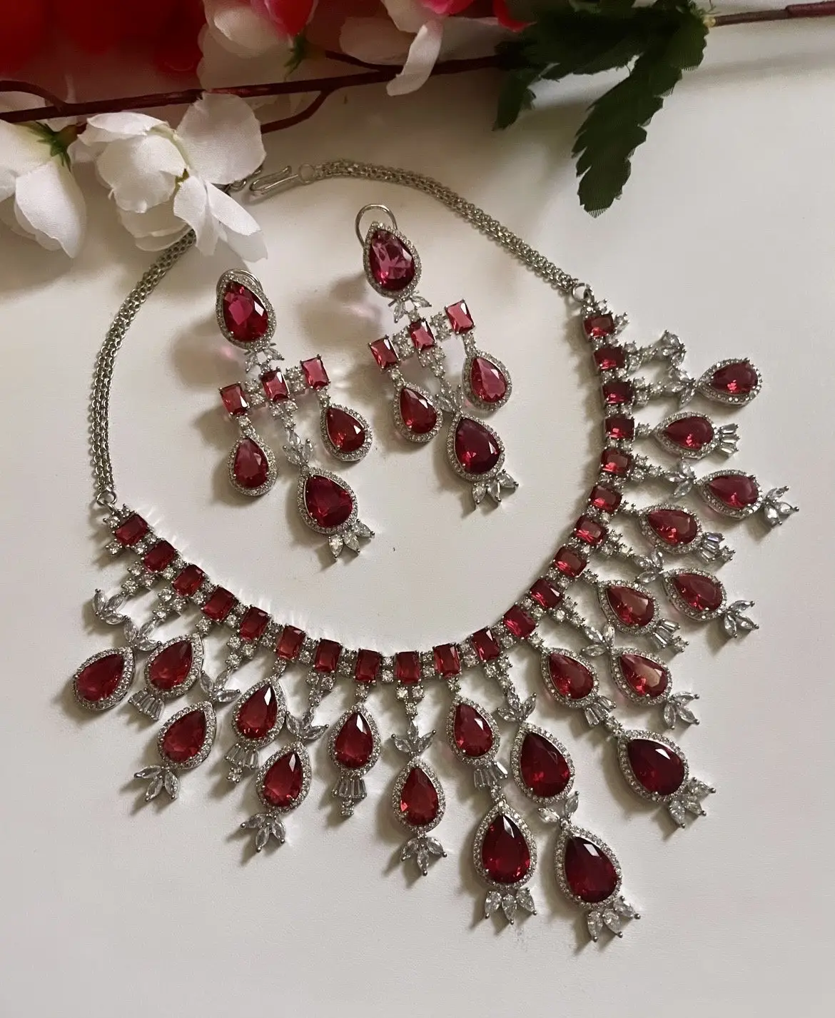 Royal Three Layered Long Lab Grown Garnet Red Zirconia Diamond Necklace With Statement long Earrings And Indian Jewelry Necklace