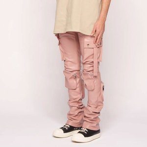 Pantalon cargo rose en PU pour homme, coupe ample, style workwear, avec poches plaquées, couleur unie, tissu tissé - Product Image 4