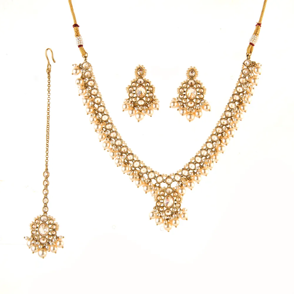Últimas Alta Qualidade Luxo Designer Mehndi Banhado Antique Delicate Pearl Necklace Set 212149